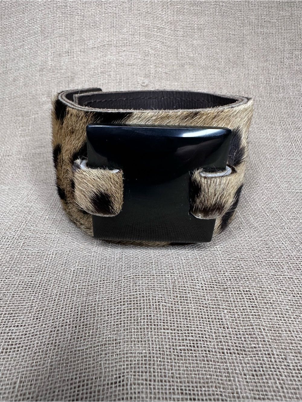 Leather Rock Leopard Print Haircalf Bracelet with Black Stone